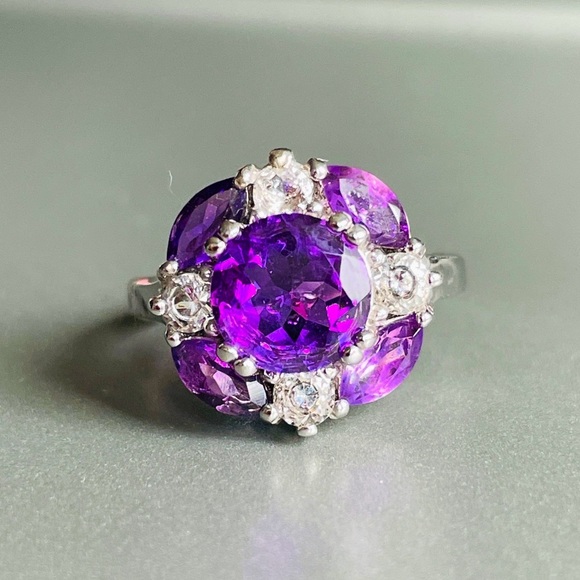 Jewelry - Amethyst & Topaz Cushion Sterling Silver RJ Designer Ring February Birth…